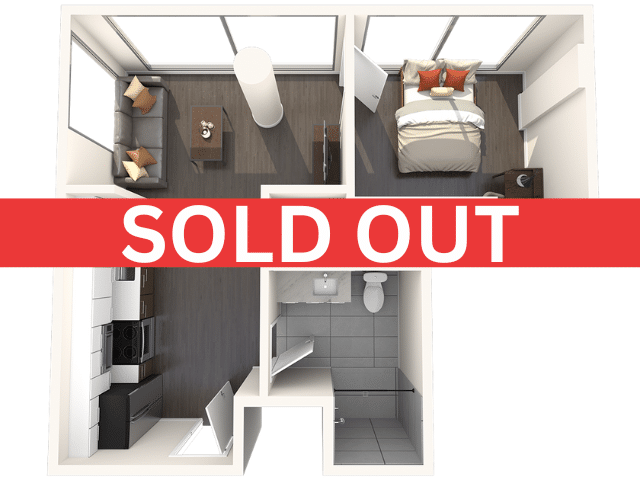 A 3D image of the 1BR/1BA – A2 floorplan, a 502 squarefoot, 1 bed / 1 bath unit