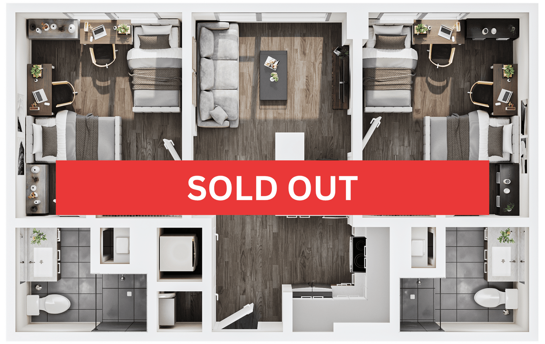 A 3D image of the 2BR/2BA – B1A Double Occupancy floorplan, a 789 squarefoot, 2 bed / 2 bath unit