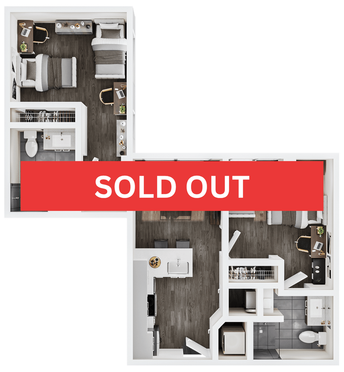 A 3D image of the 2BR/2BA – B3 Double Occupancy floorplan, a 811 squarefoot, 2 bed / 2 bath unit