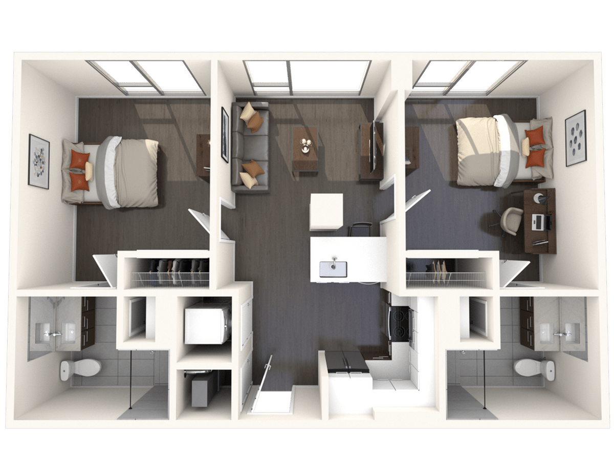 A 3D image of the 2BR/2BA – B1A Double Occupancy floorplan, a 789 squarefoot, 2 bed / 2 bath unit