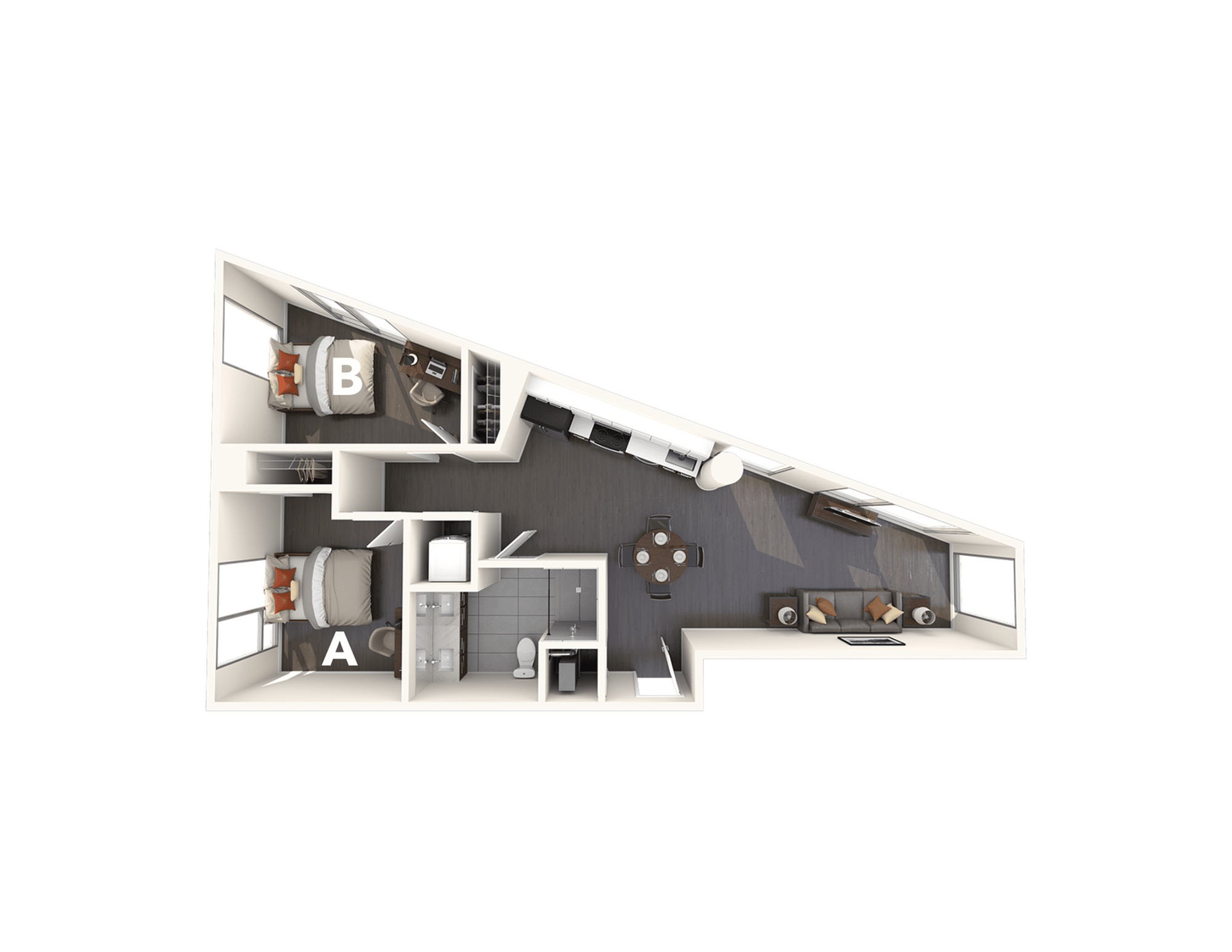 A 3D image of the 2BR/1BA – B2 floorplan, a 770 squarefoot, 2 bed / 1 bath unit