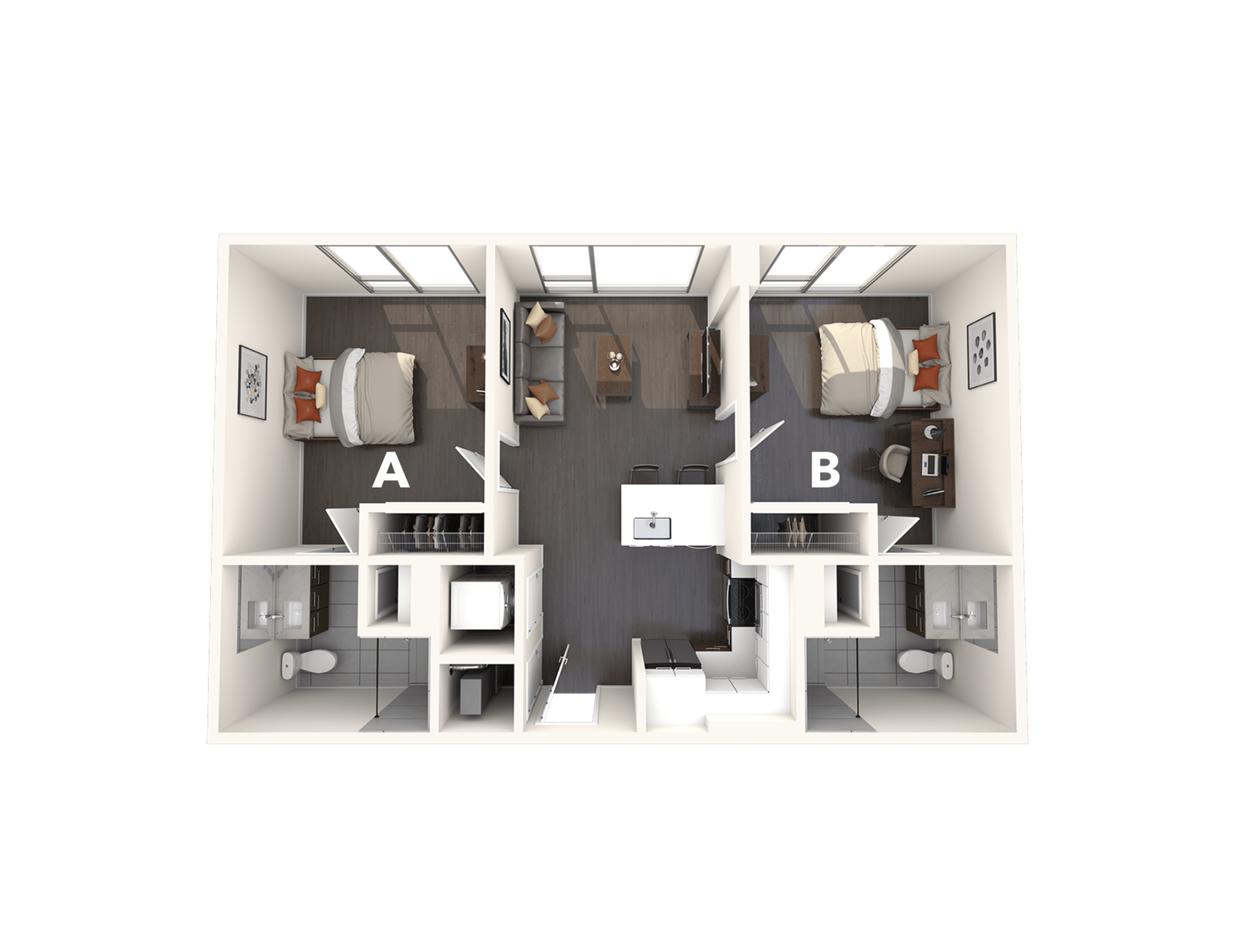 A 3D image of the 2BR/2BA – B1 floorplan, a 789 squarefoot, 2 bed / 2 bath unit