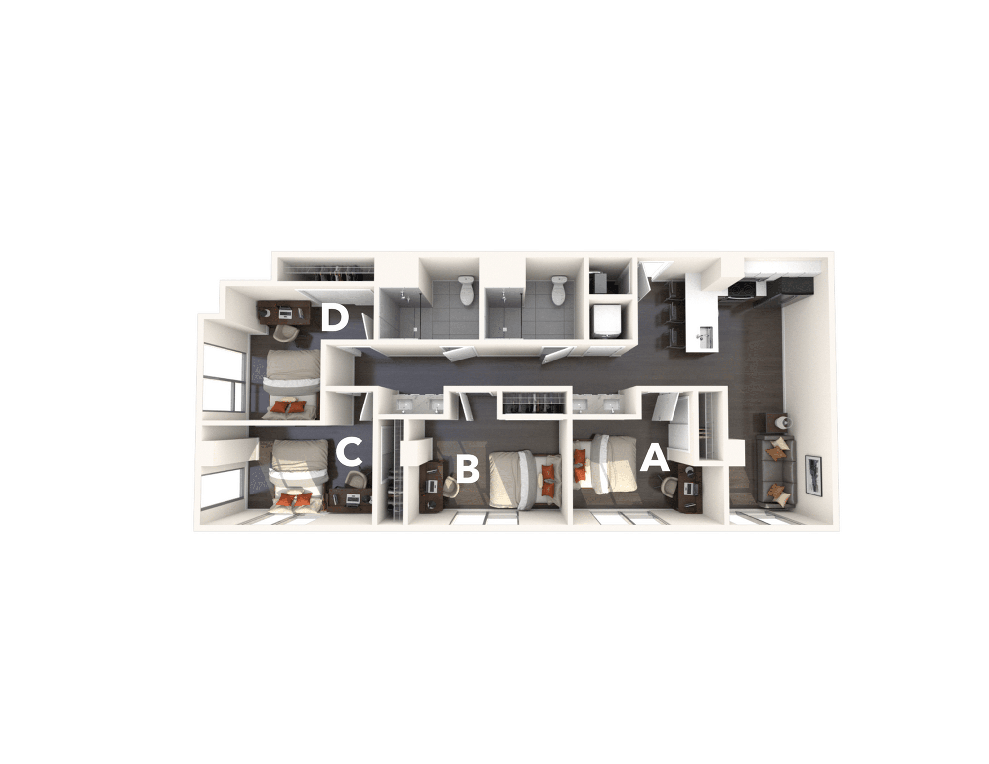 A 3D image of the 4BR/2BA – D2 floorplan, a 1021 squarefoot, 4 bed / 2 bath unit