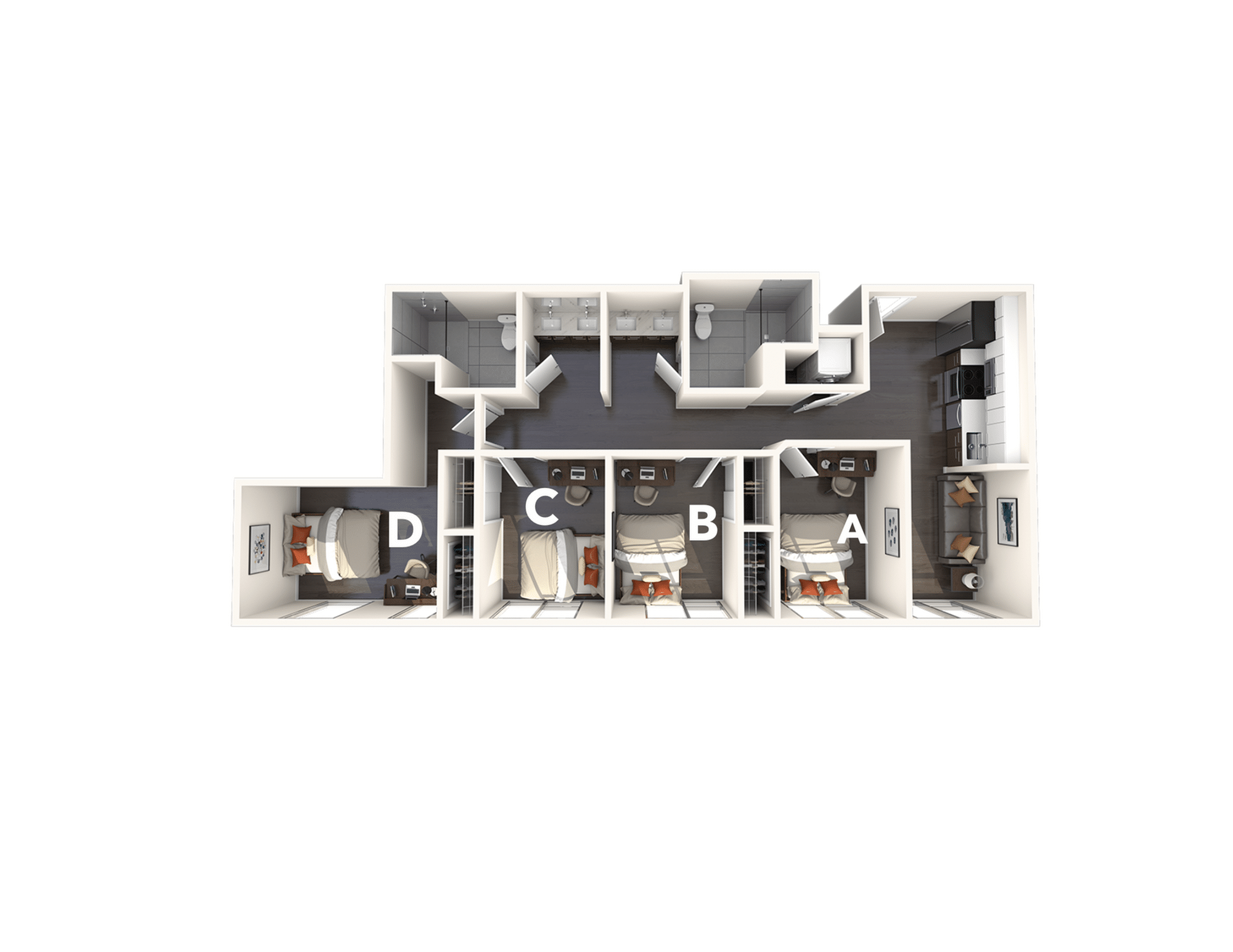 A 3D image of the 4BR/2BA – D4 floorplan, a 1021 squarefoot, 4 bed / 2 bath unit