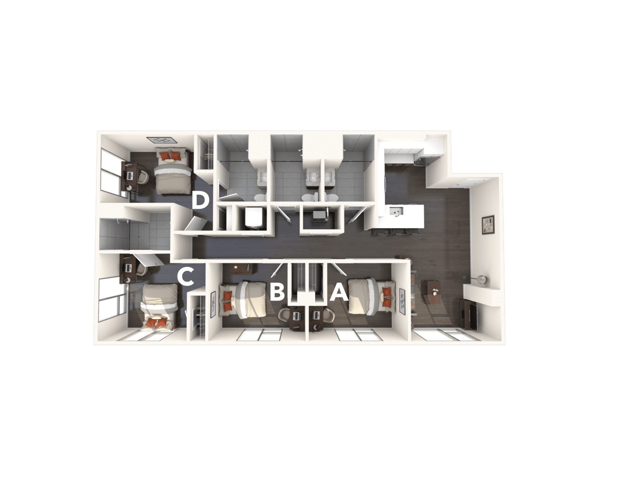 A 3D image of the 4BR/4BA – D1 floorplan, a 1341 squarefoot, 4 bed / 4 bath unit