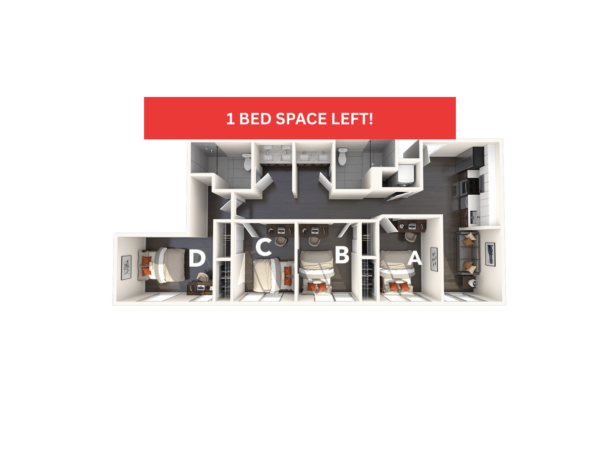 A 3D image of the 4BR/2BA – D4 floorplan, a 1021 squarefoot, 4 bed / 2 bath unit