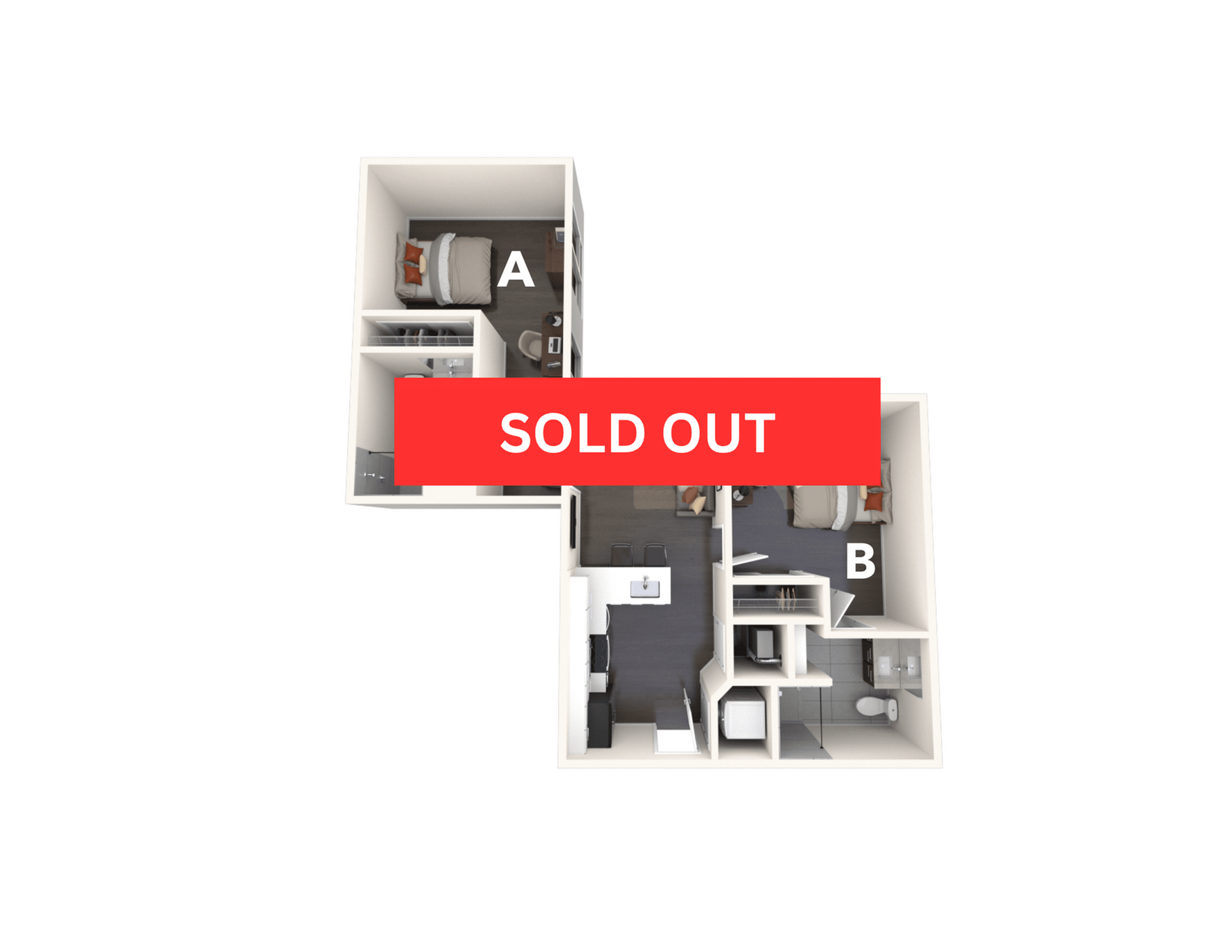 A 3D image of the 2BR/2BA – B3 floorplan, a 811 squarefoot, 2 bed / 2 bath unit