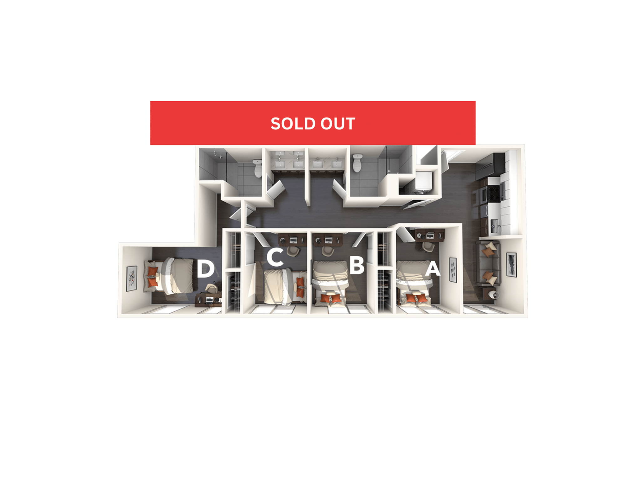 A 3D image of the 4BR/2BA – D4 floorplan, a 1021 squarefoot, 4 bed / 2 bath unit