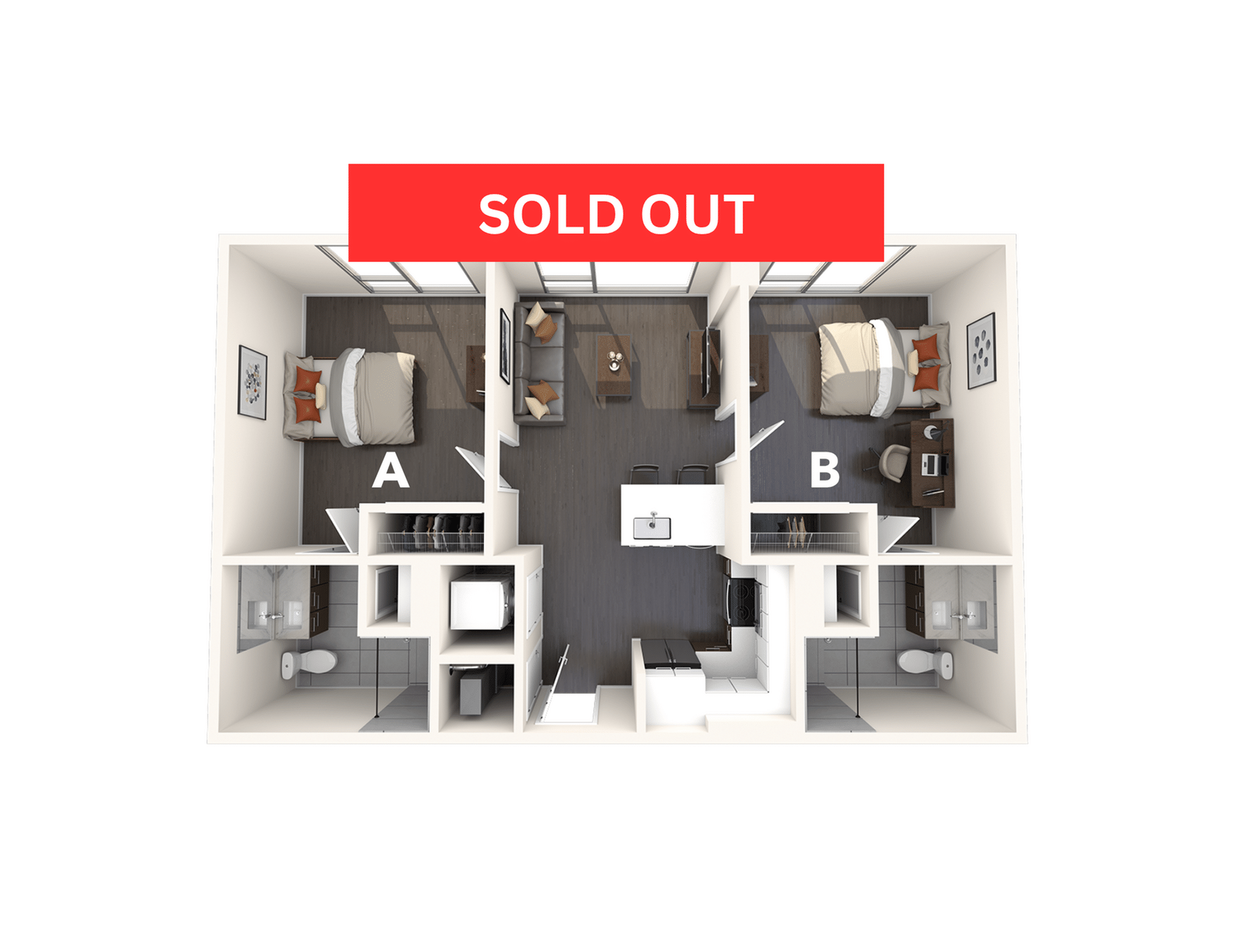 A 3D image of the 2BR/2BA – B1 floorplan, a 789 squarefoot, 2 bed / 2 bath unit