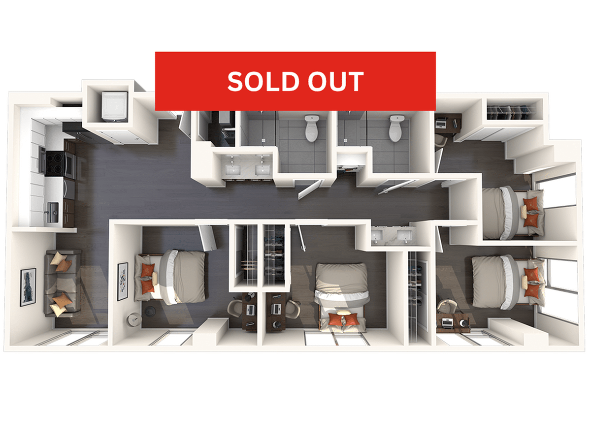 A 3D image of the 4BR/2BA – D3 floorplan, a 1069 squarefoot, 4 bed / 2 bath unit