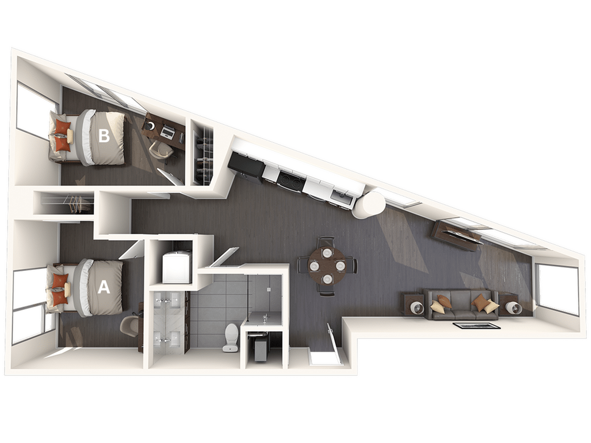 A 3D image of the 2BR/1BA – B2 floorplan, a 770 squarefoot, 2 bed / 1 bath unit
