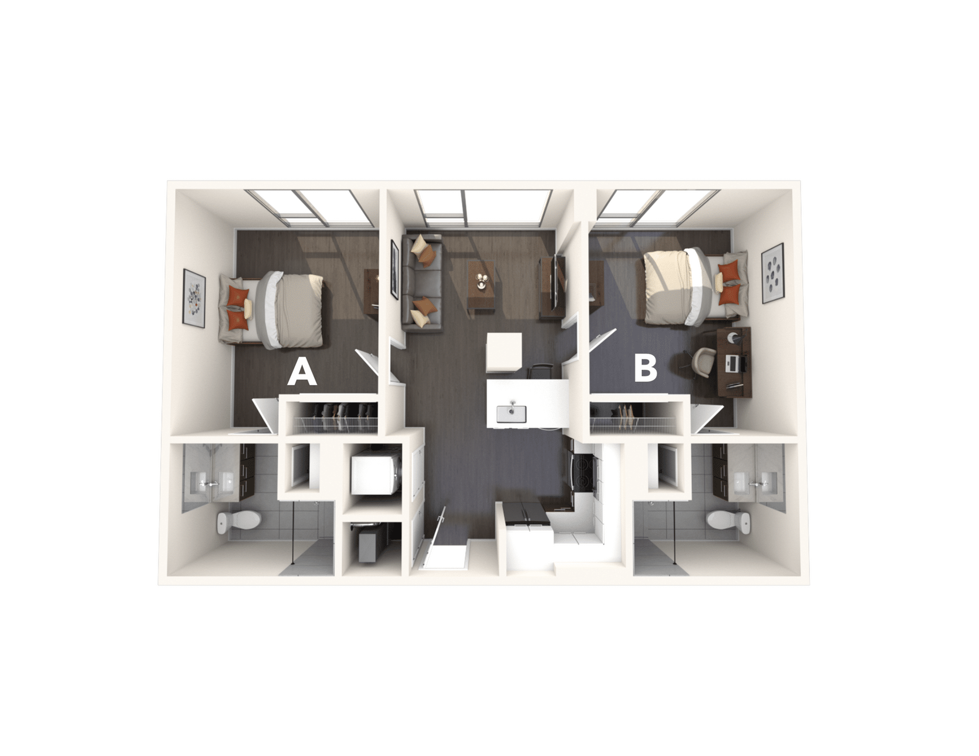 A 3D image of the 2BR/2BA – B1A floorplan, a 789 squarefoot, 2 bed / 2 bath unit