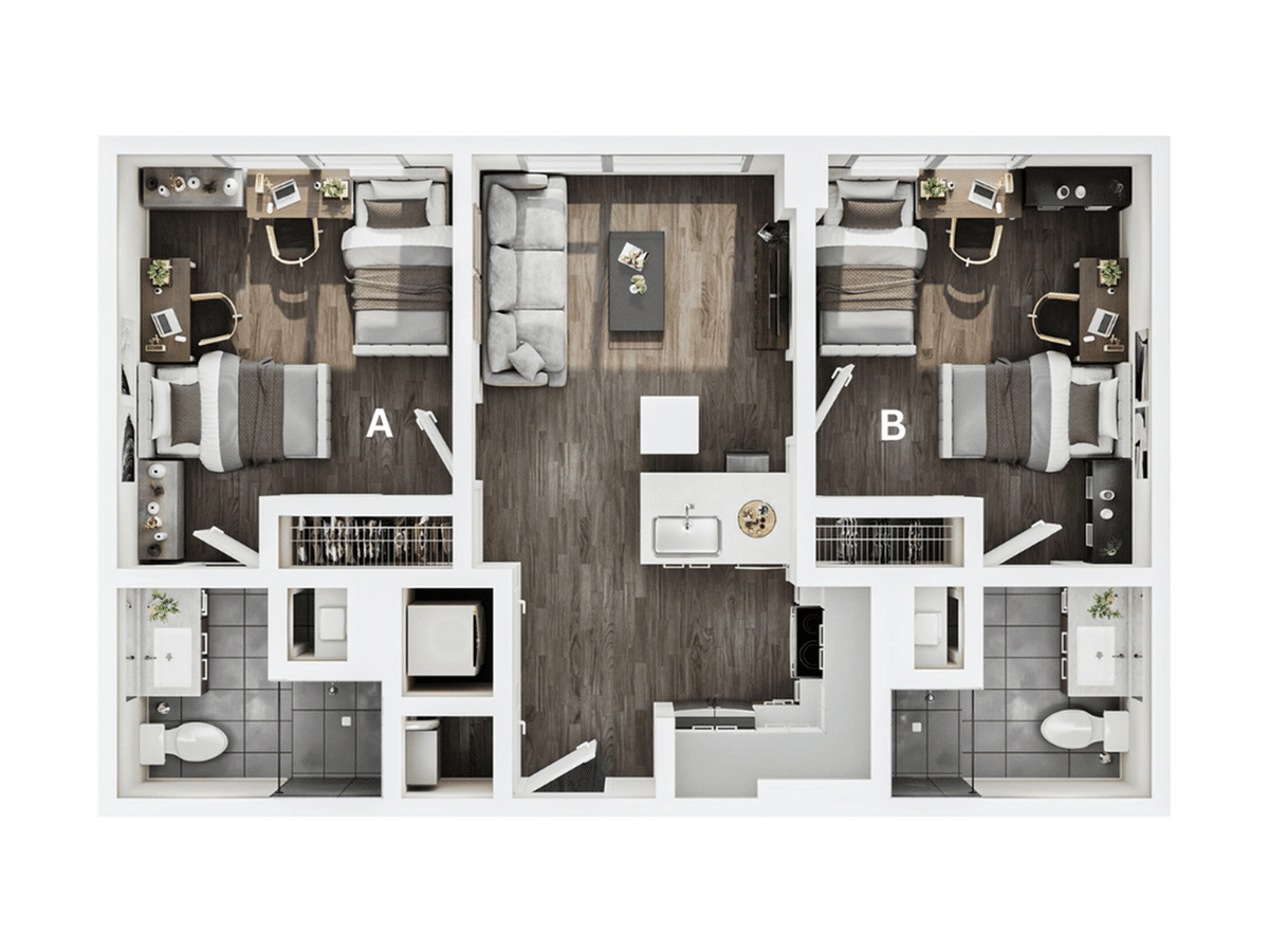 A 3D image of the 2BR/2BA – B1A Double Occupancy floorplan, a 789 squarefoot, 2 bed / 2 bath unit