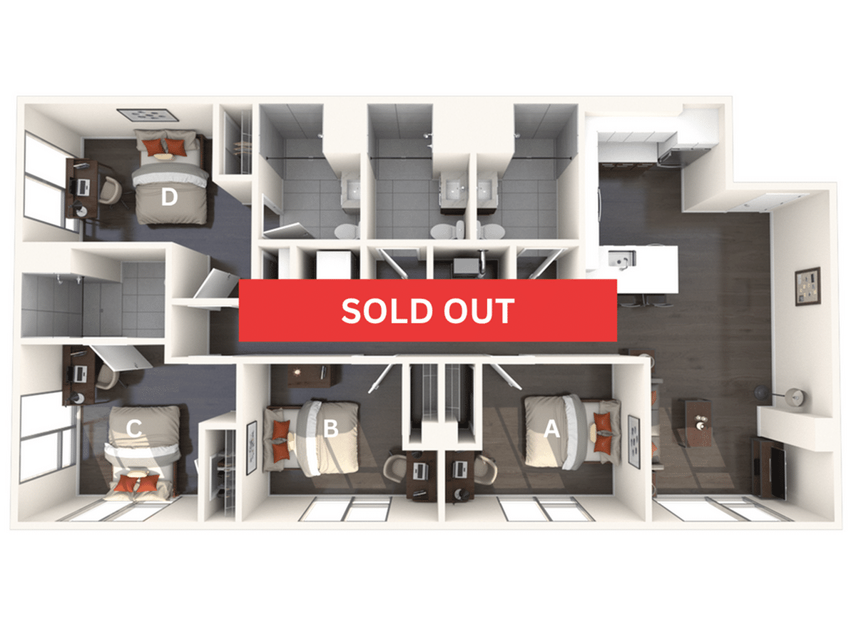 A 3D image of the 4BR/4BA – D1A floorplan, a 1341 squarefoot, 4 bed / 4 bath unit