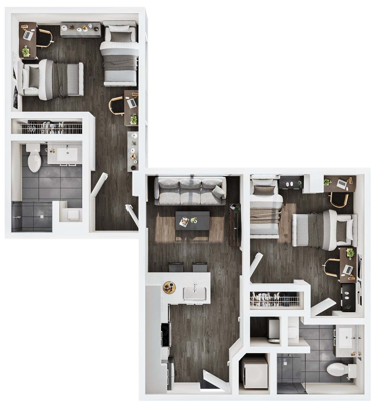 A 3D image of the 2BR/2BA – B3 Double Occupancy floorplan, a 811 squarefoot, 2 bed / 2 bath unit