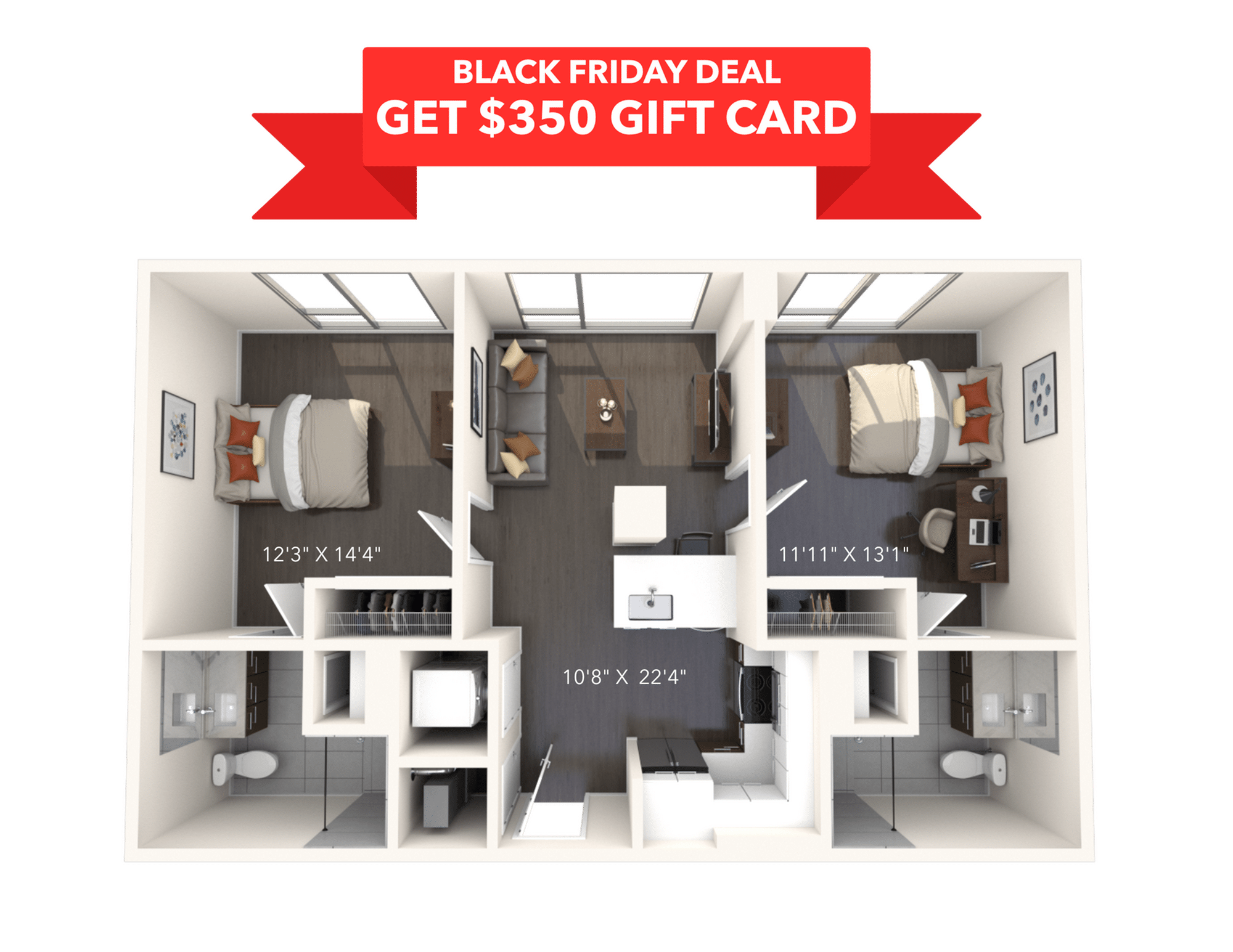 A 3D image of the 2BR/2BA – B1A floorplan, a 789 squarefoot, 2 bed / 2 bath unit