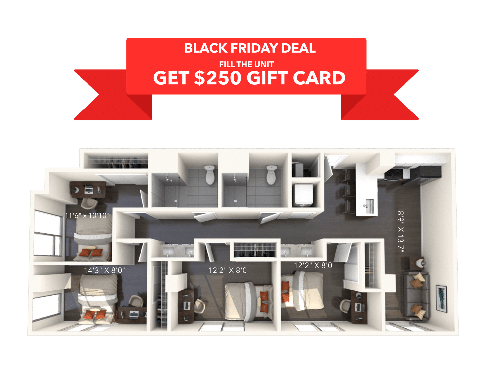 A 3D image of the 4BR/2BA – D2 floorplan, a 1021 squarefoot, 4 bed / 2 bath unit