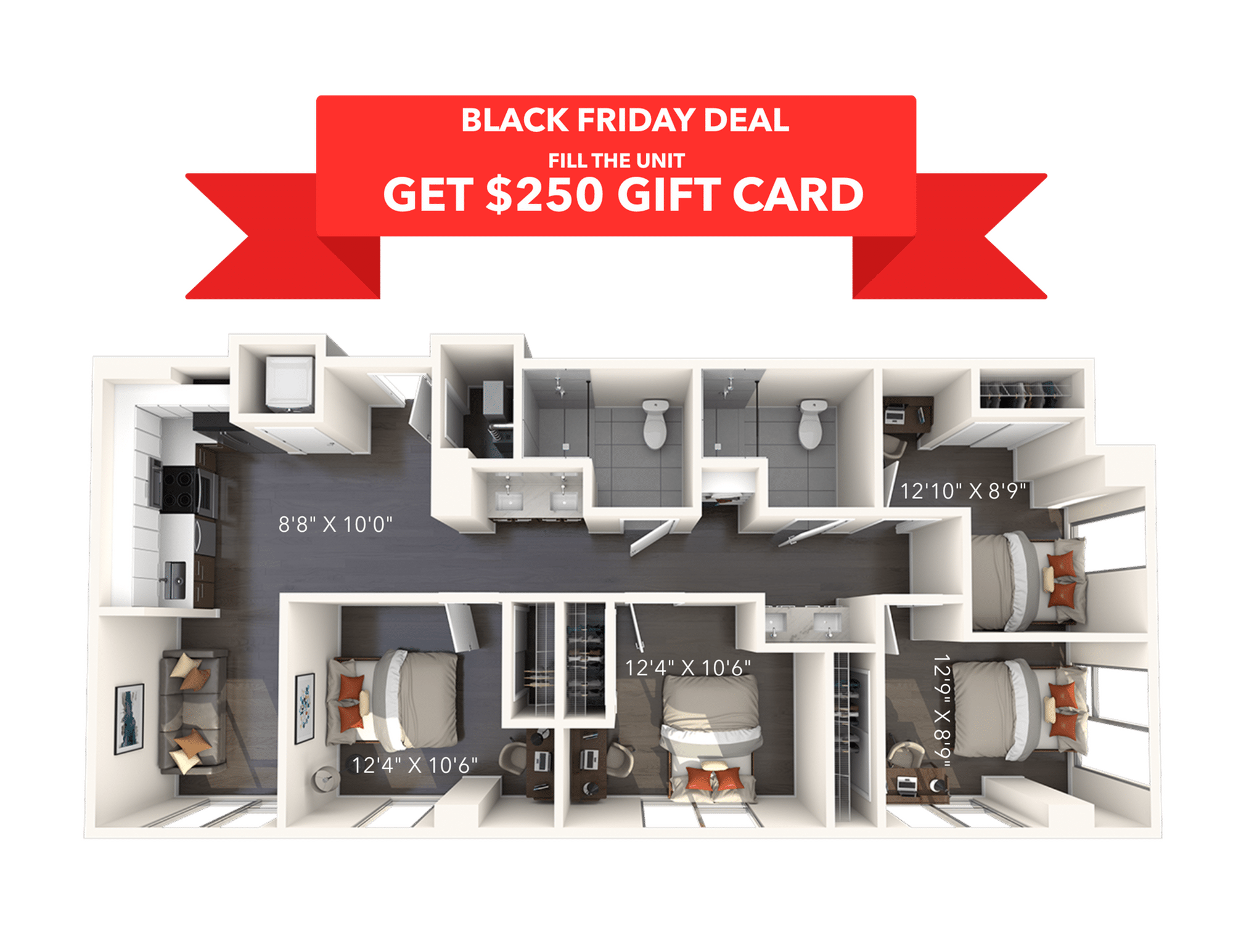 A 3D image of the 4BR/2BA – D3 floorplan, a 1069 squarefoot, 4 bed / 2 bath unit