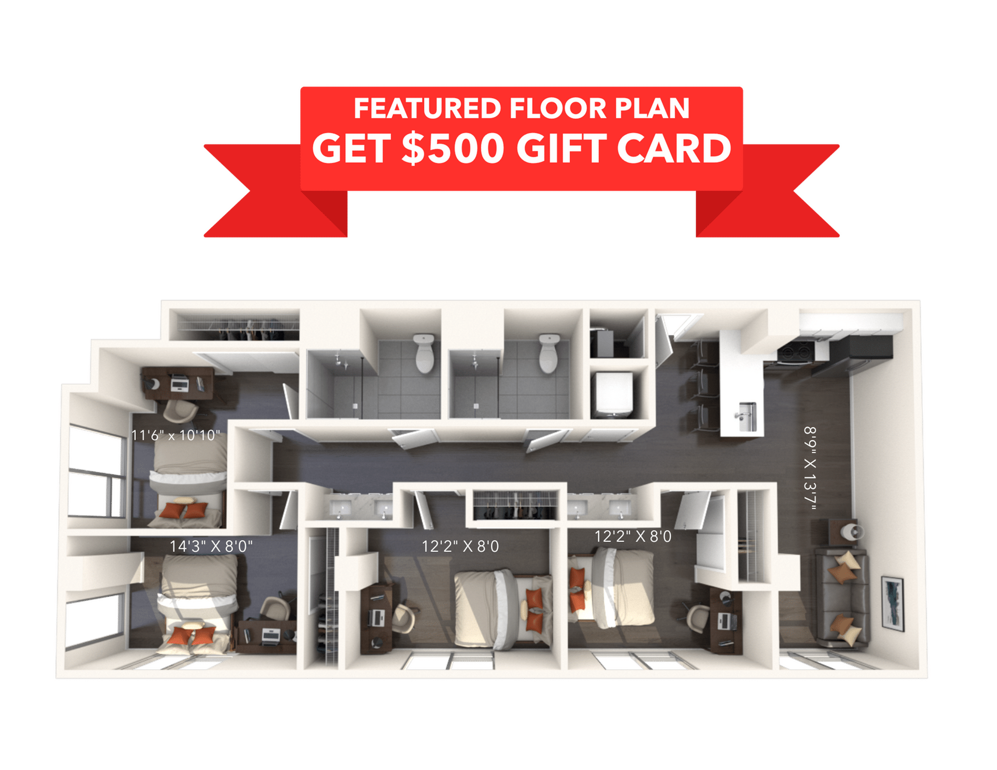 A 3D image of the 4BR/2BA – D2 floorplan, a 1021 squarefoot, 4 bed / 2 bath unit