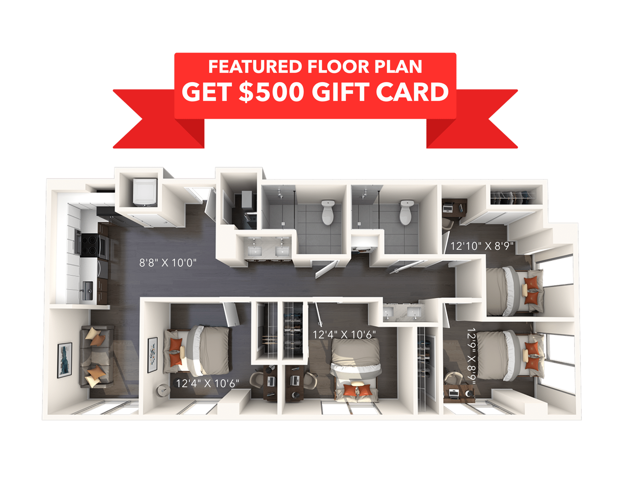 A 3D image of the 4BR/2BA – D3 floorplan, a 1069 squarefoot, 4 bed / 2 bath unit