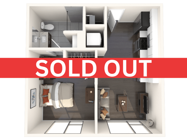 A 3D image of the 1BR/1BA – A1 floorplan, a 499 squarefoot, 1 bed / 1 bath unit