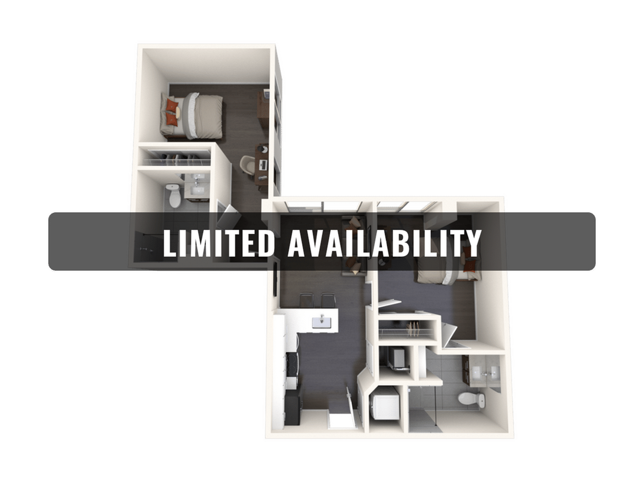 A 3D image of the 2BR/2BA – B3 floorplan, a 811 squarefoot, 2 bed / 2 bath unit