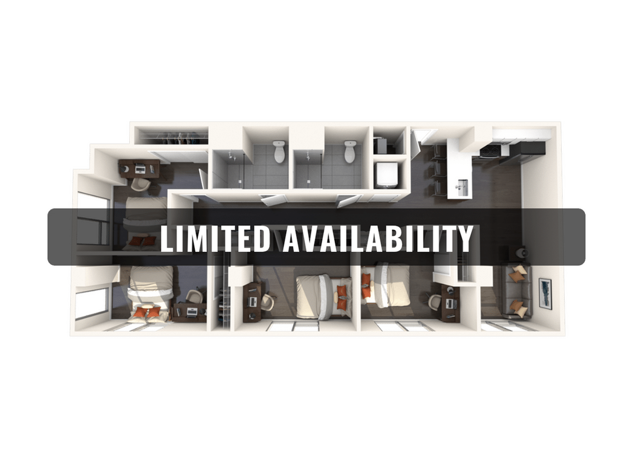 A 3D image of the 4BR/2BA – D2 floorplan, a 1021 squarefoot, 4 bed / 2 bath unit