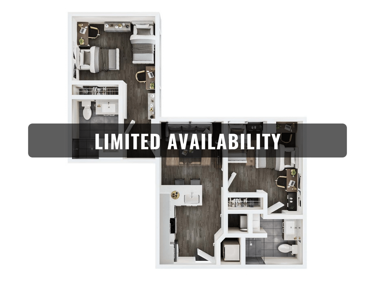 A 3D image of the 2BR/2BA – B3 Double Occupancy floorplan, a 811 squarefoot, 2 bed / 2 bath unit