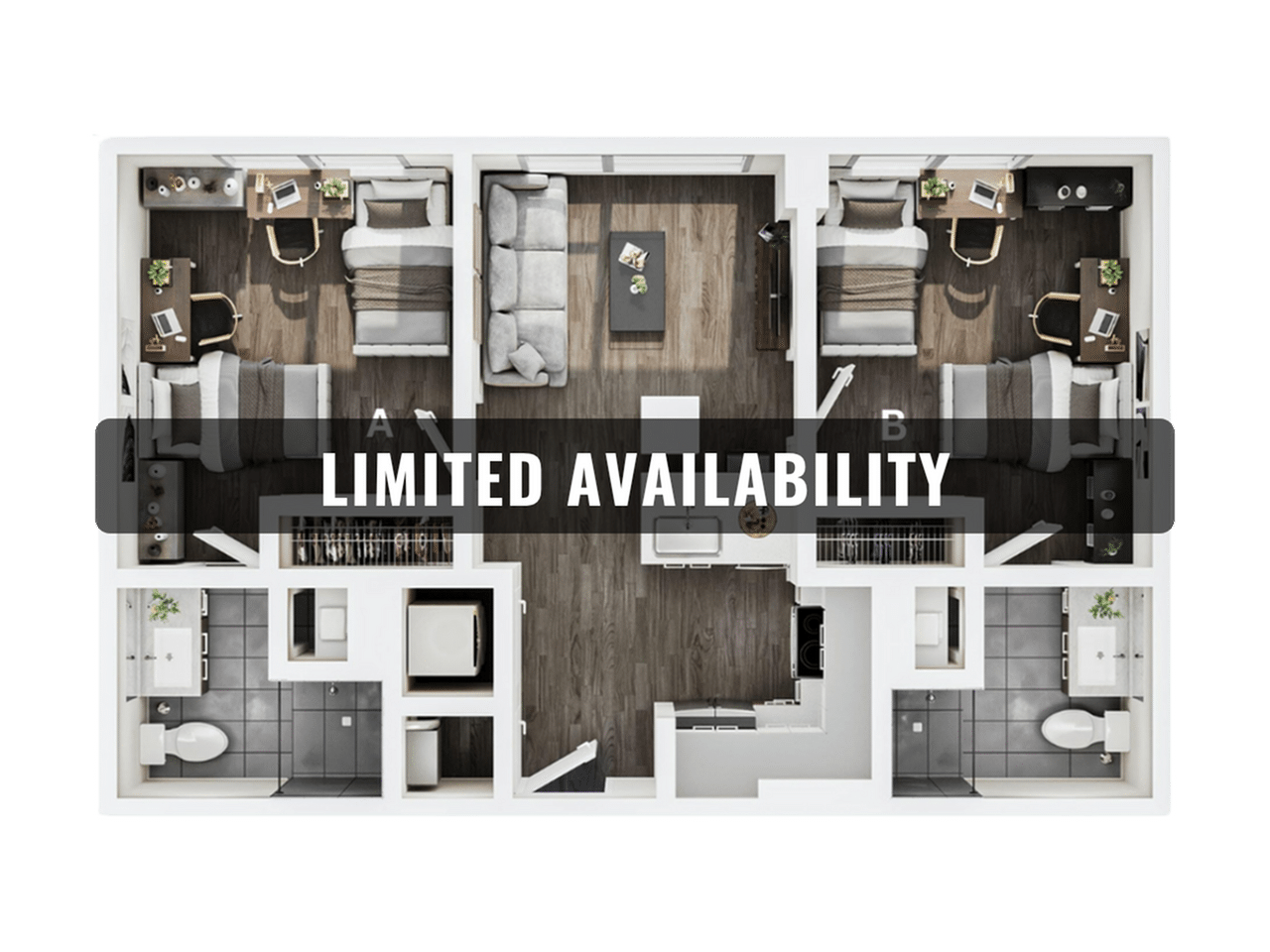 A 3D image of the 2BR/2BA – B1A Double Occupancy floorplan, a 789 squarefoot, 2 bed / 2 bath unit