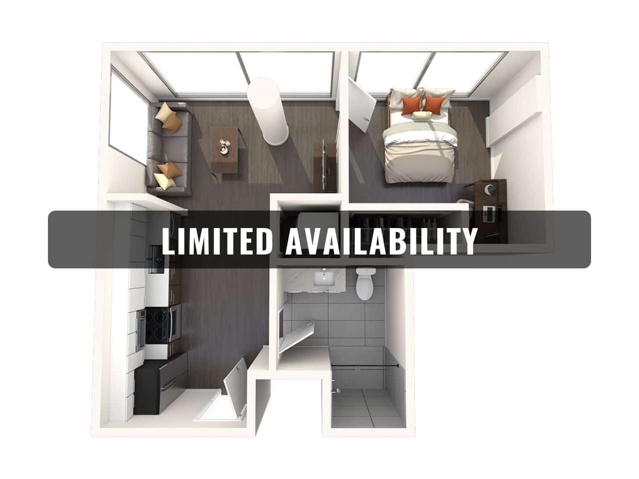 A 3D image of the 1BR/1BA – A2 floorplan, a 502 squarefoot, 1 bed / 1 bath unit