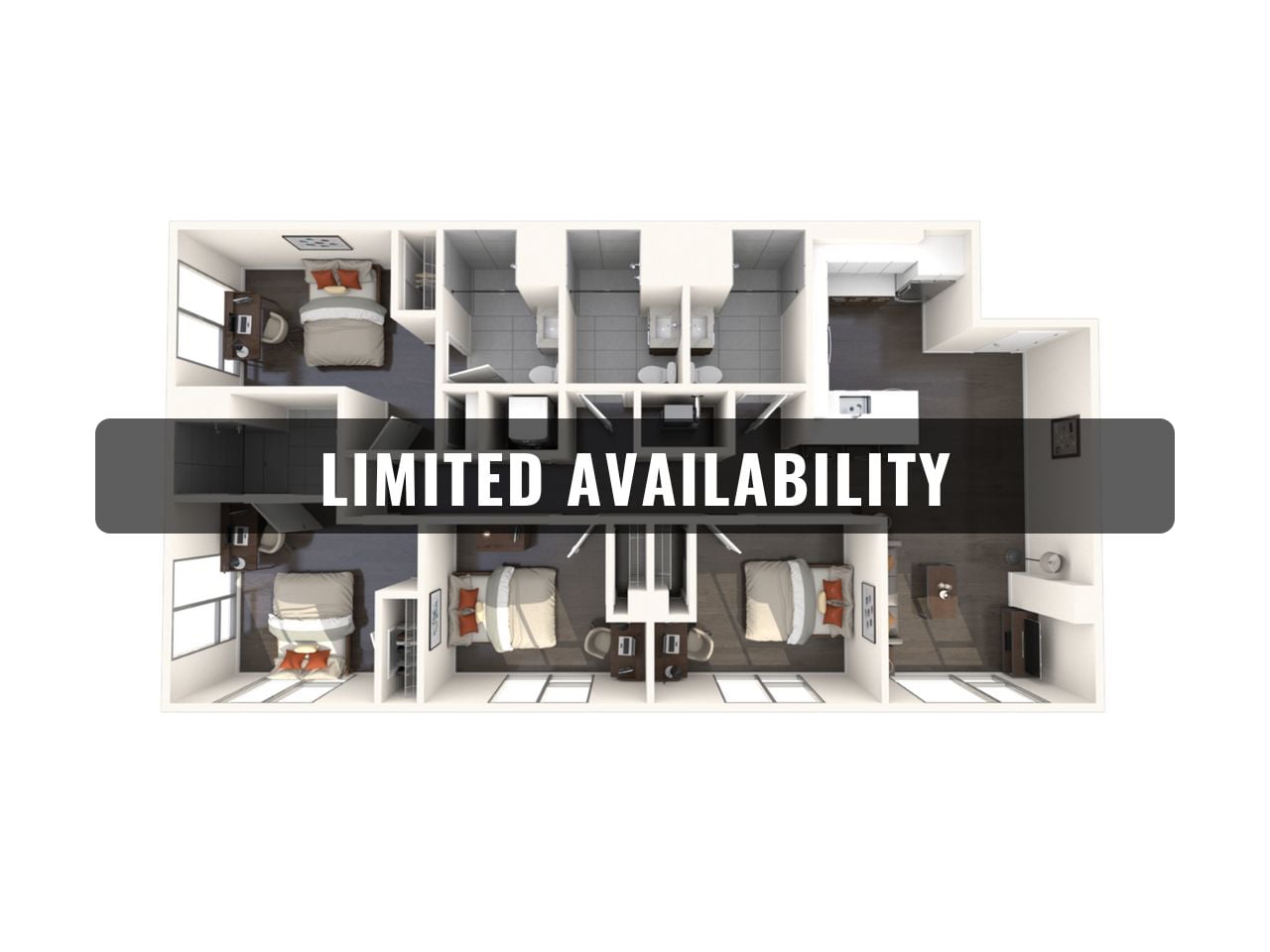 A 3D image of the 4BR/4BA – D1A floorplan, a 1341 squarefoot, 4 bed / 4 bath unit