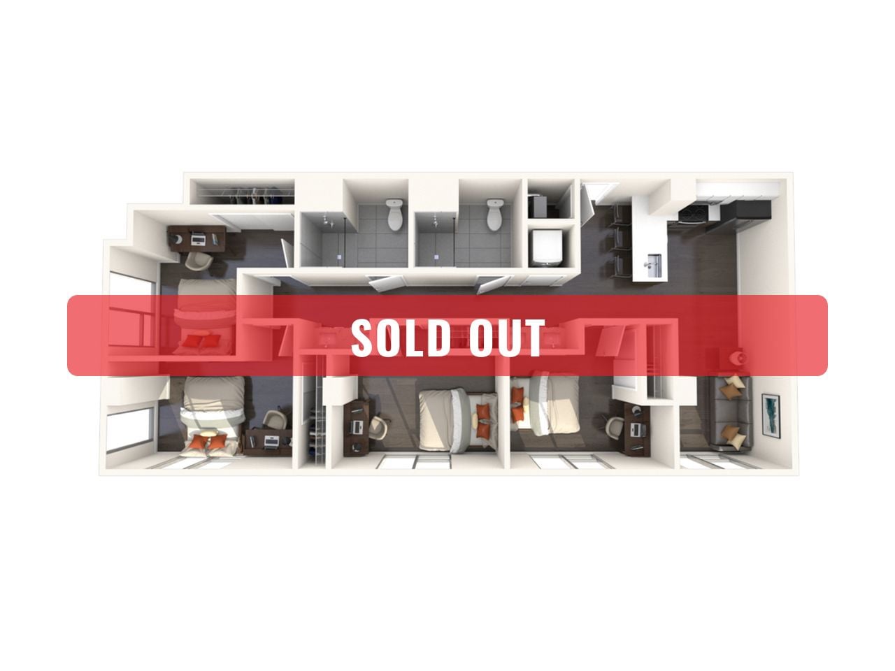 A 3D image of the 4BR/2BA – D2 floorplan, a 1021 squarefoot, 4 bed / 2 bath unit