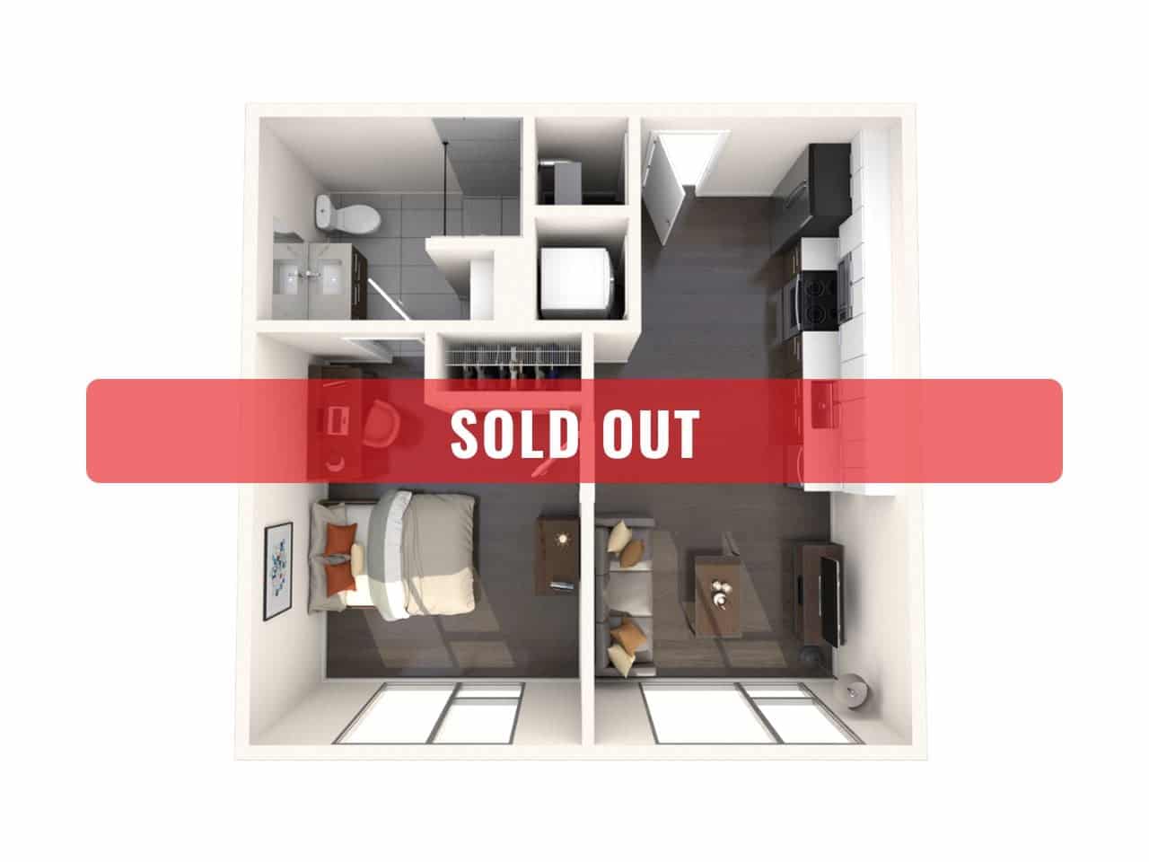 A 3D image of the 1BR/1BA – A1 floorplan, a 499 squarefoot, 1 bed / 1 bath unit