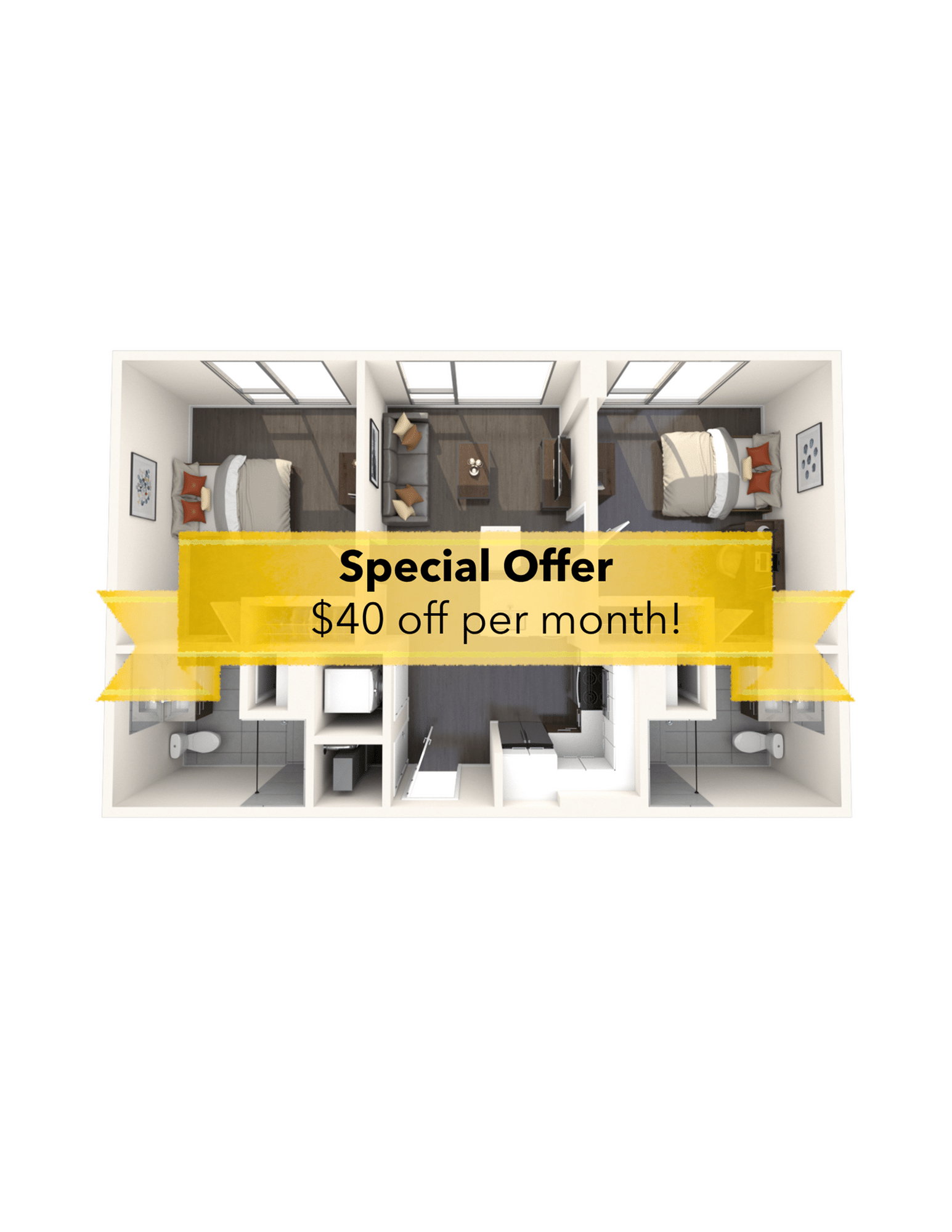 A 3D image of the 2BR/2BA – B1A floorplan, a 789 squarefoot, 2 bed / 2 bath unit