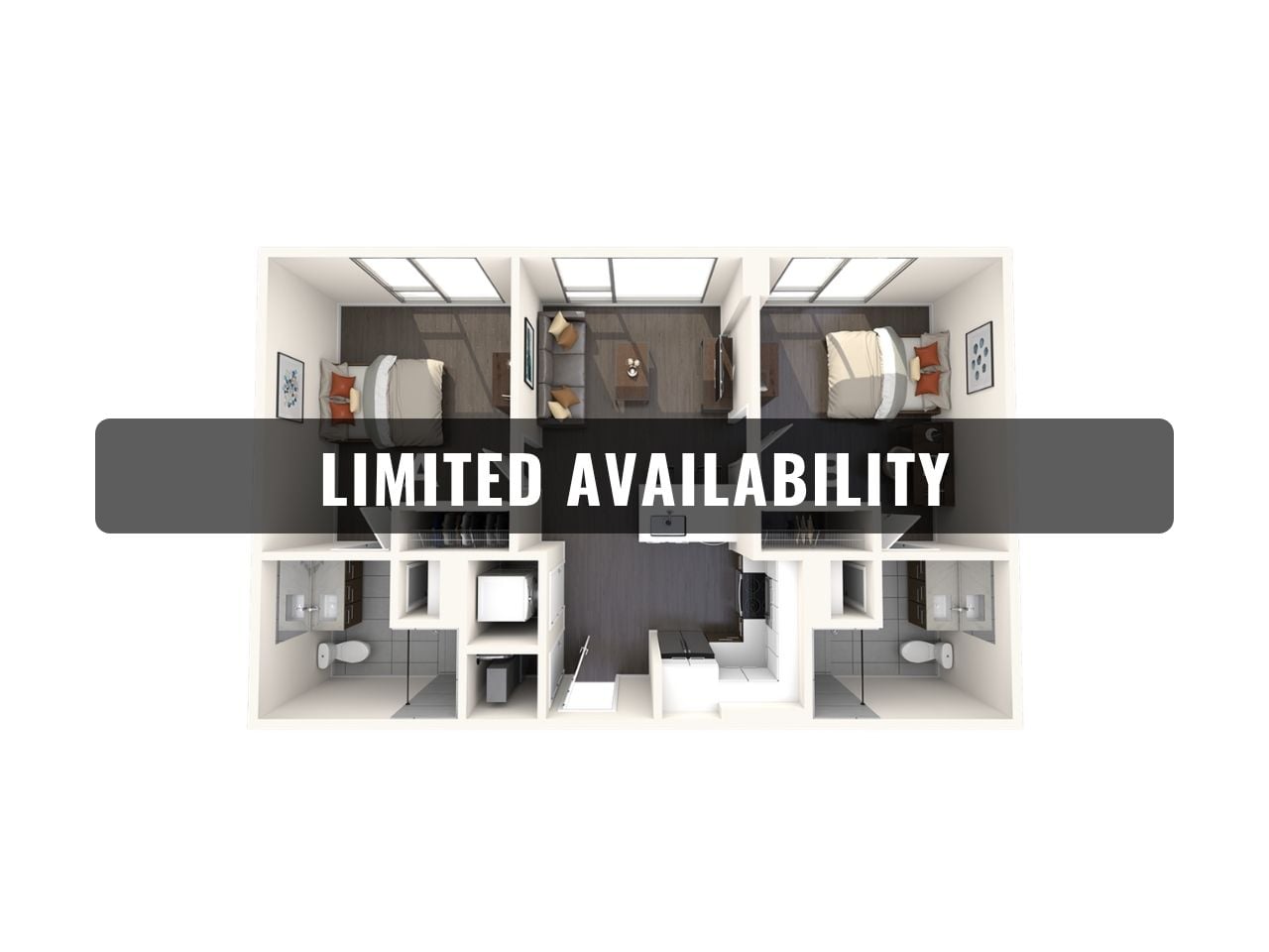 A 3D image of the 2BR/2BA – B1 floorplan, a 789 squarefoot, 2 bed / 2 bath unit