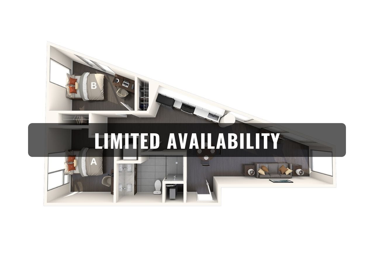 A 3D image of the 2BR/1BA – B2 floorplan, a 770 squarefoot, 2 bed / 1 bath unit