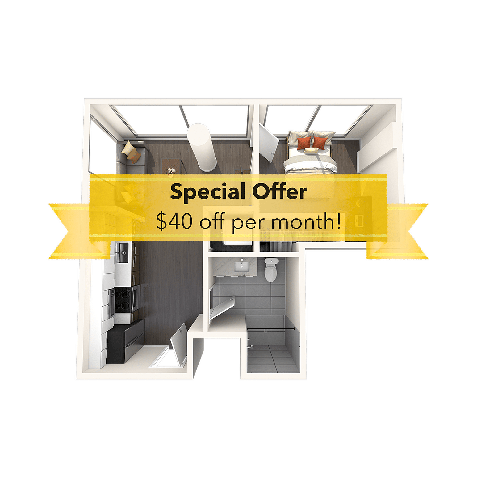 A 3D image of the 1BR/1BA – A2 floorplan, a 502 squarefoot, 1 bed / 1 bath unit