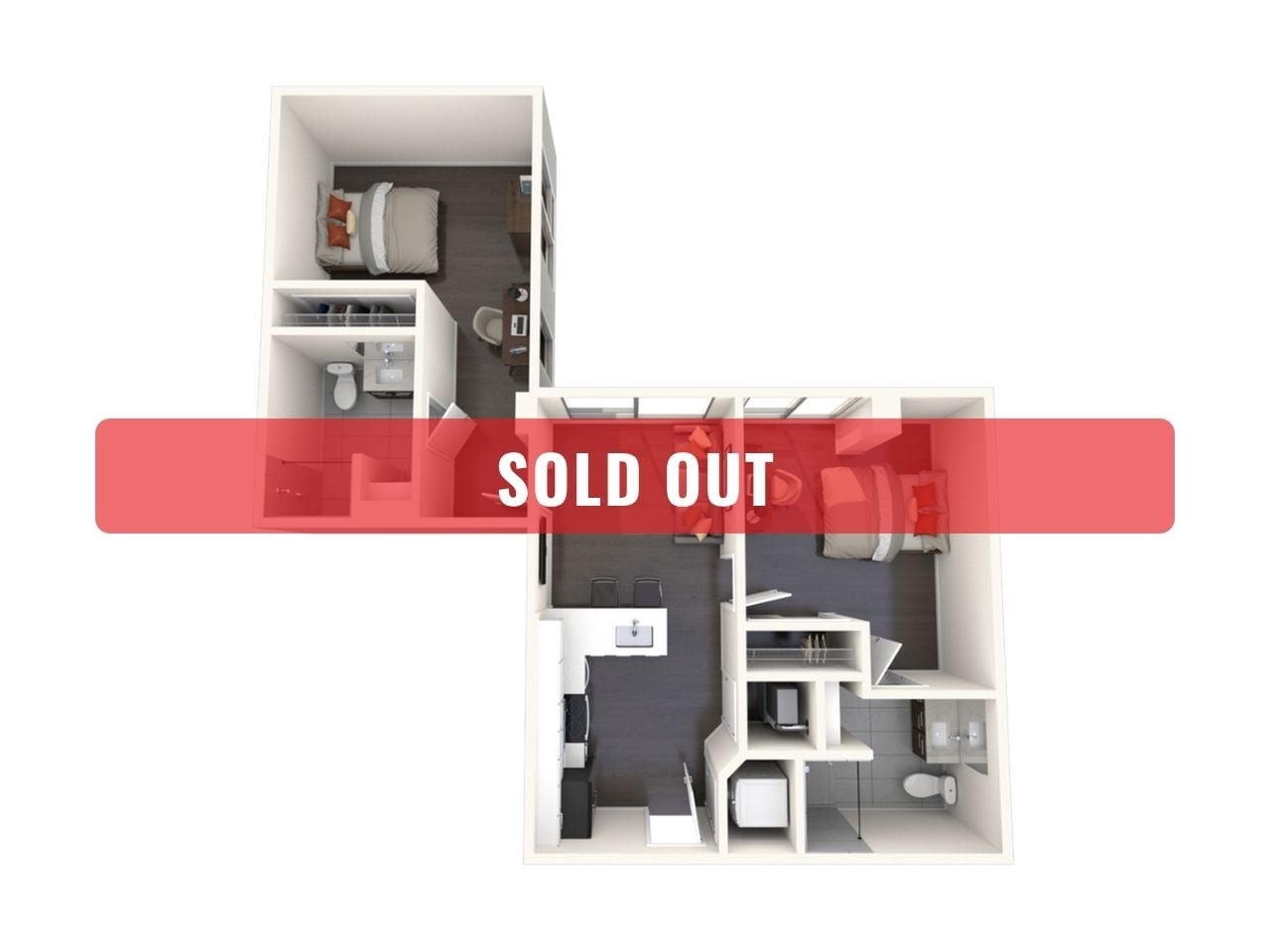 A 3D image of the 2BR/2BA – B3 floorplan, a 811 squarefoot, 2 bed / 2 bath unit