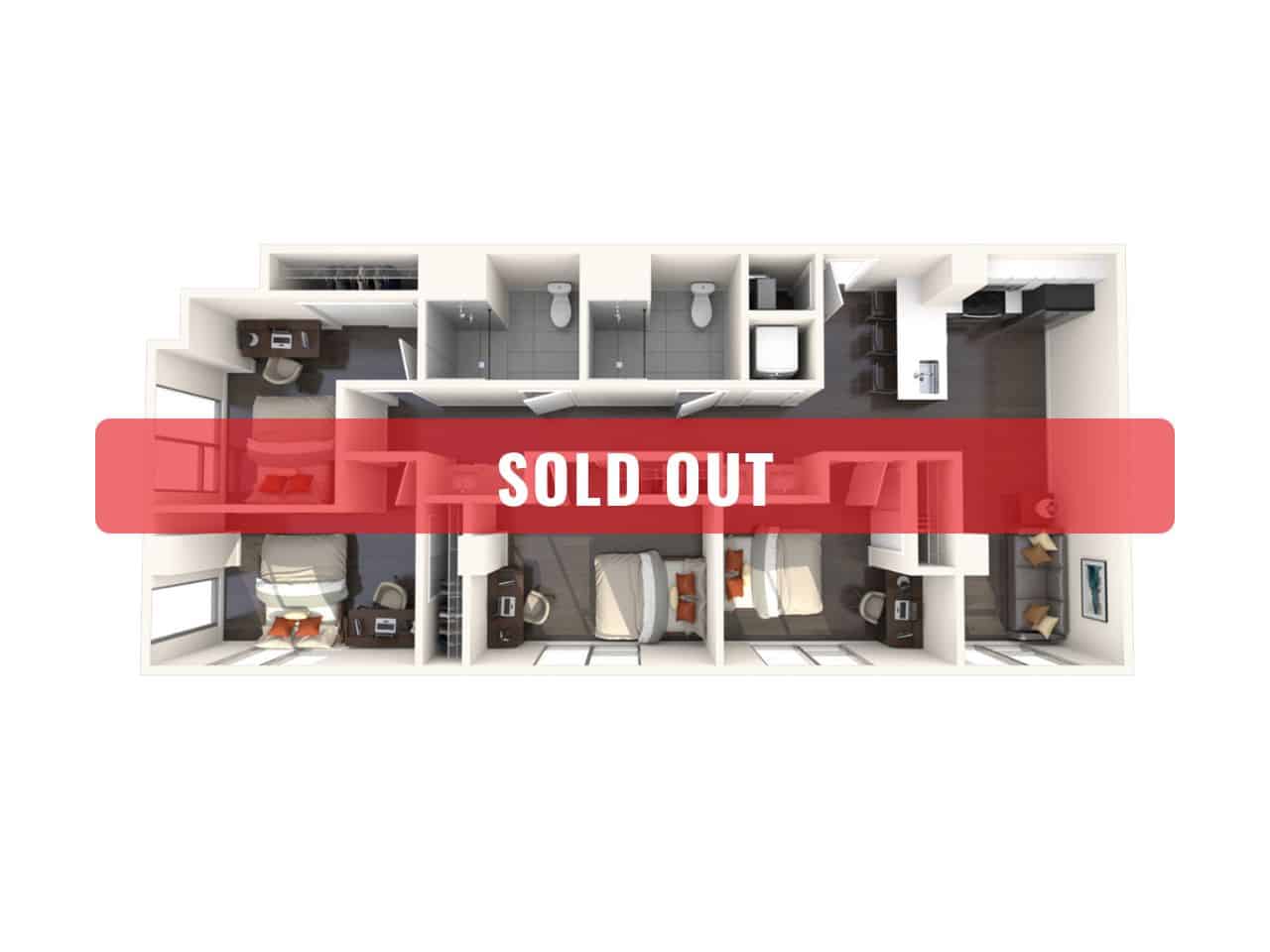 A 3D image of the 4BR/2BA – D2 floorplan, a 1021 squarefoot, 4 bed / 2 bath unit