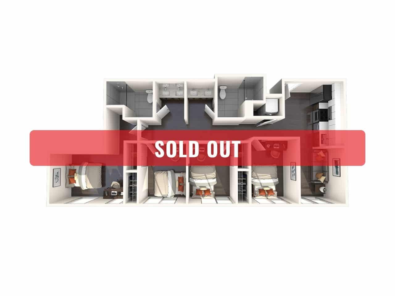 A 3D image of the 4BR/2BA – D4 floorplan, a 1021 squarefoot, 4 bed / 2 bath unit
