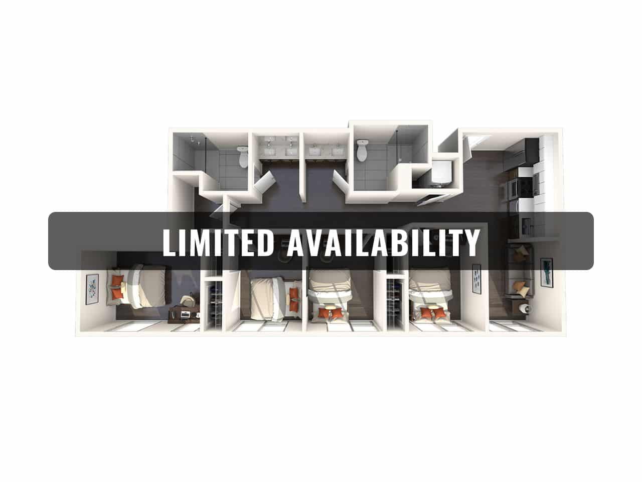 A 3D image of the 4BR/2BA – D4 floorplan, a 1021 squarefoot, 4 bed / 2 bath unit