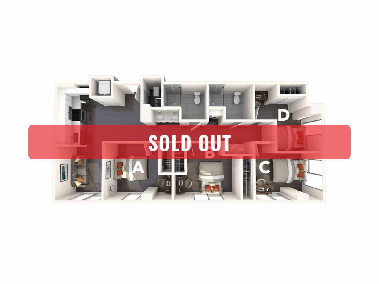 A 3D image of the 4BR/2BA – D3 floorplan, a 1069 squarefoot, 4 bed / 2 bath unit