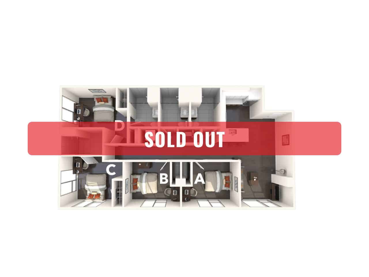 A 3D image of the 4BR/4BA – D1 floorplan, a 1341 squarefoot, 4 bed / 4 bath unit