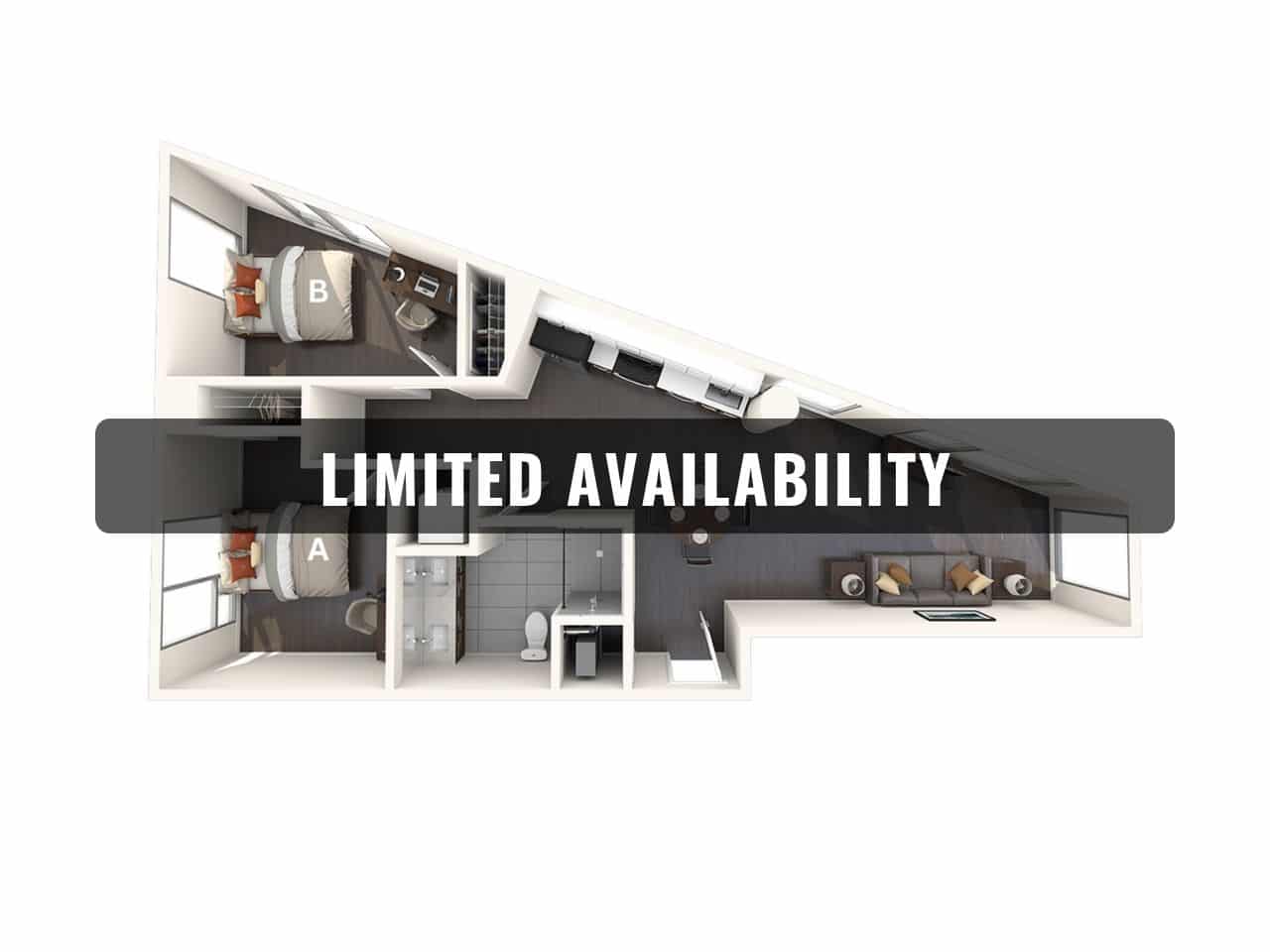 A 3D image of the 2BR/1BA – B2 floorplan, a 770 squarefoot, 2 bed / 1 bath unit