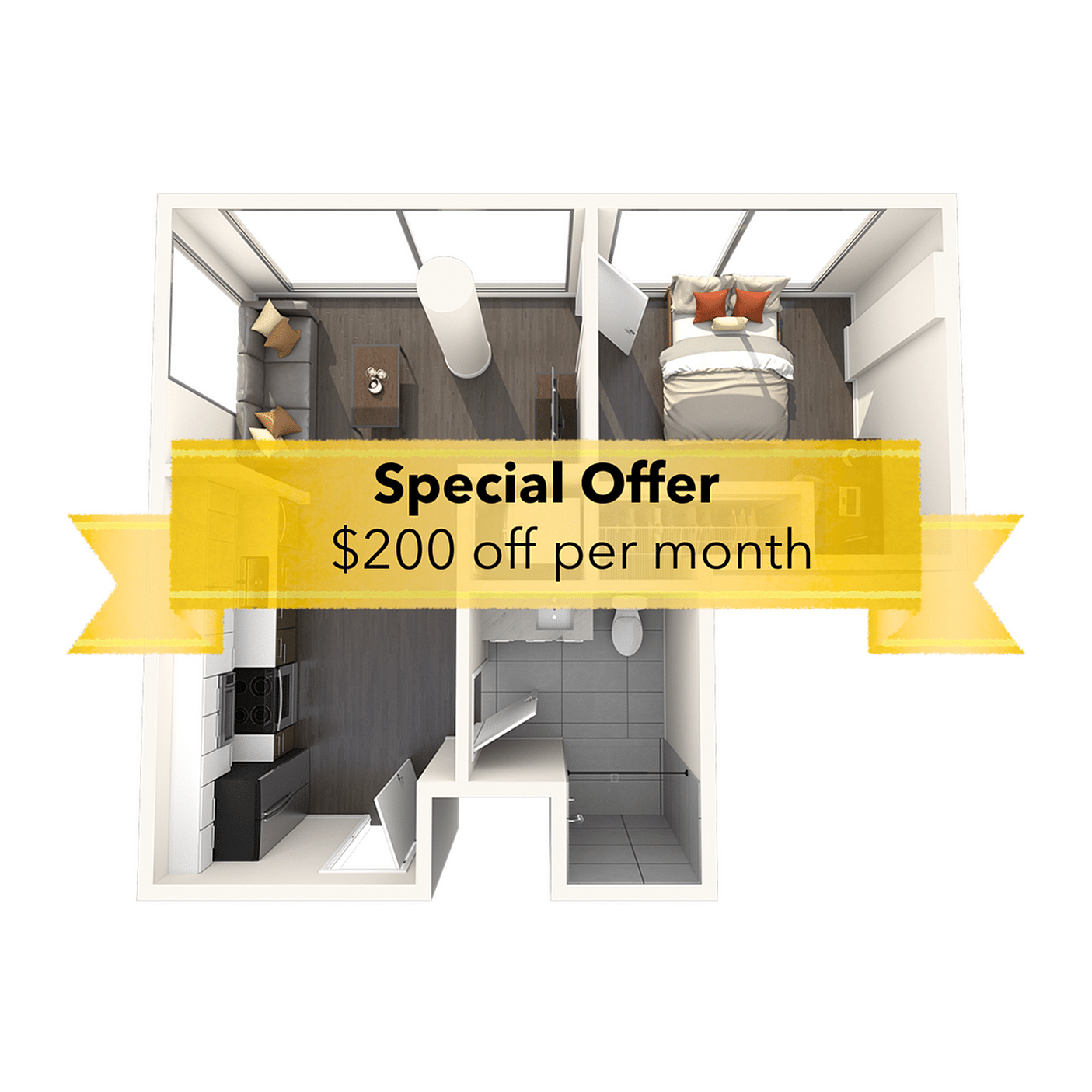 A 3D image of the 1BR/1BA – A2 floorplan, a 502 squarefoot, 1 bed / 1 bath unit
