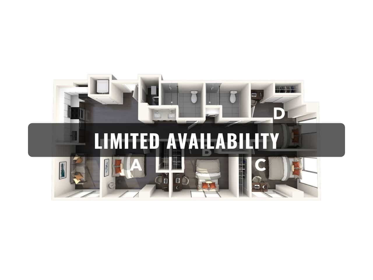 A 3D image of the 4BR/2BA – D3 floorplan, a 1069 squarefoot, 4 bed / 2 bath unit