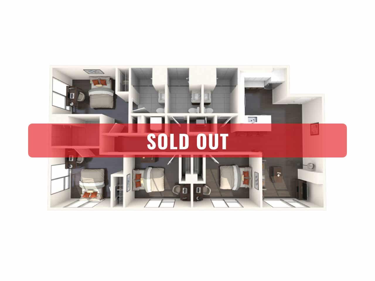 A 3D image of the 4BR/4BA – D1A floorplan, a 1341 squarefoot, 4 bed / 4 bath unit