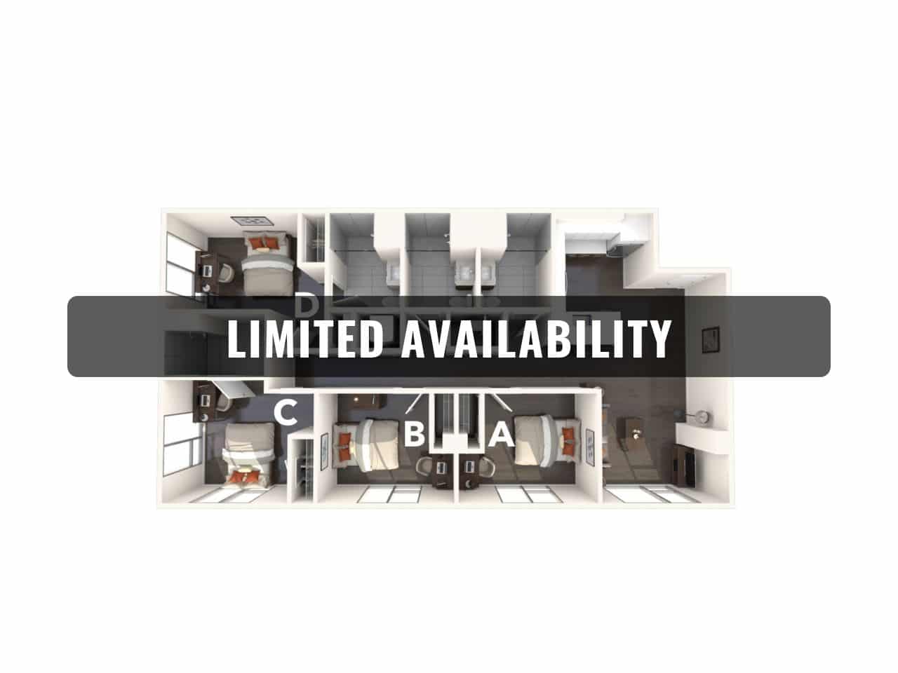 A 3D image of the 4BR/4BA – D1 floorplan, a 1341 squarefoot, 4 bed / 4 bath unit