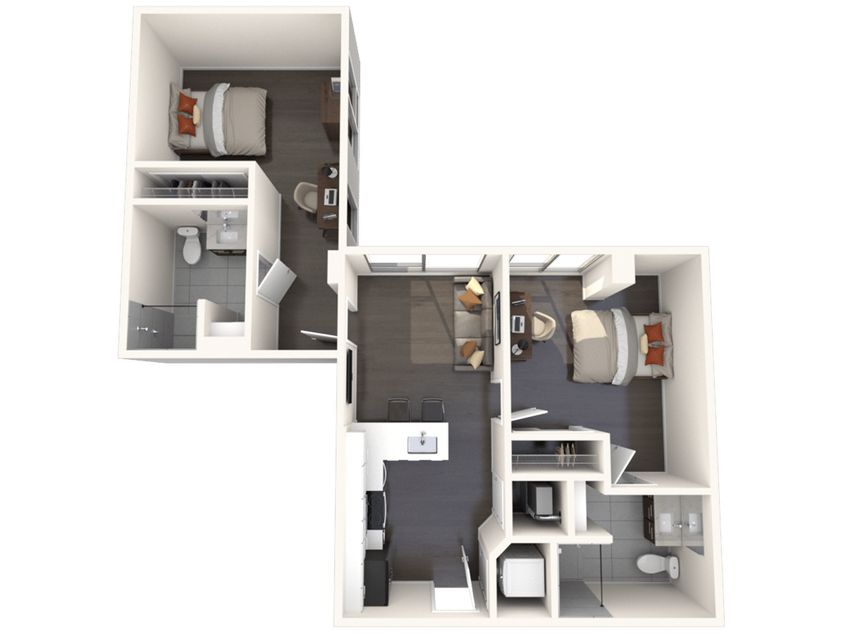 A 3D image of the 2BR/2BA – B3 Double Occupancy floorplan, a 811 squarefoot, 2 bed / 2 bath unit