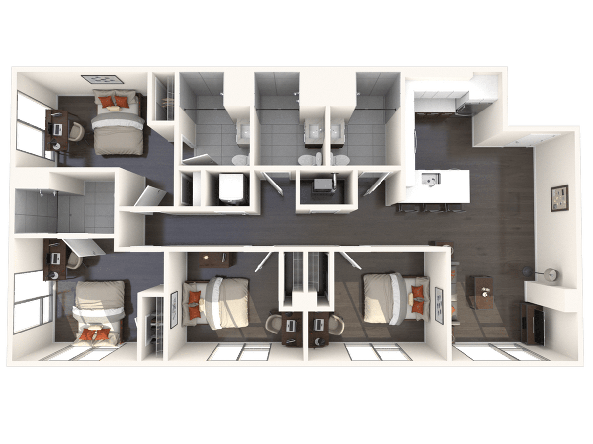 A 3D image of the 4BR/4BA – D1 floorplan, a 1341 squarefoot, 4 bed / 4 bath unit